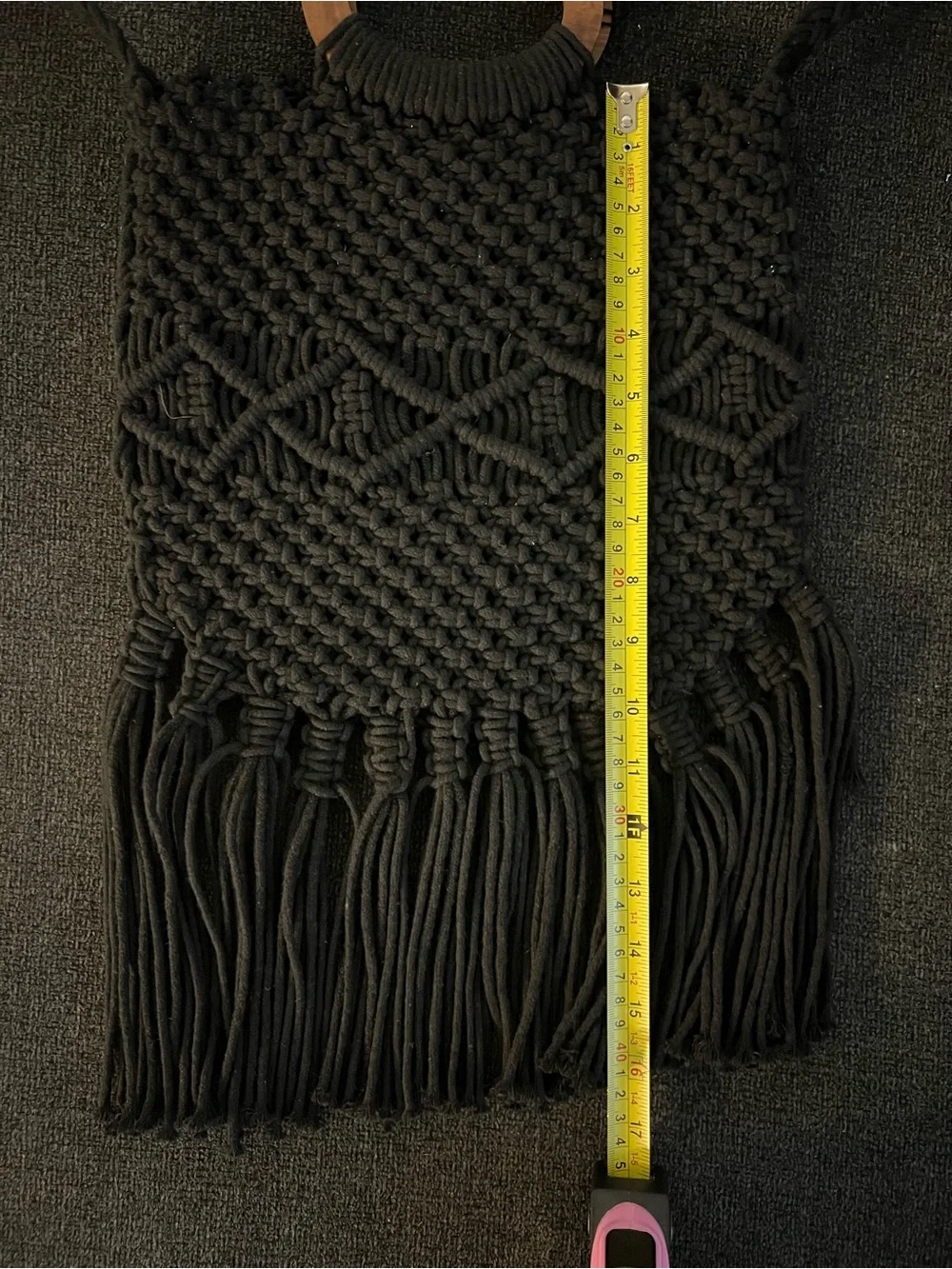 NWT Danielle Nicole Black Macramé Fringe Crochet Crossbody Bag with Wood Handle